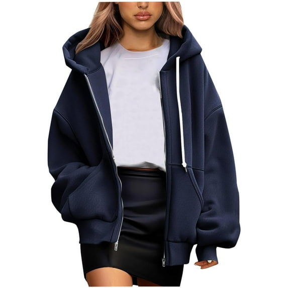 Winter Women's Fashion Hoodies & Sweatshirts Solid Color Pockets Zipper Long Sleeved Regular Hooded Navy Hoodie Pullover 2025 Sizes S-2XL