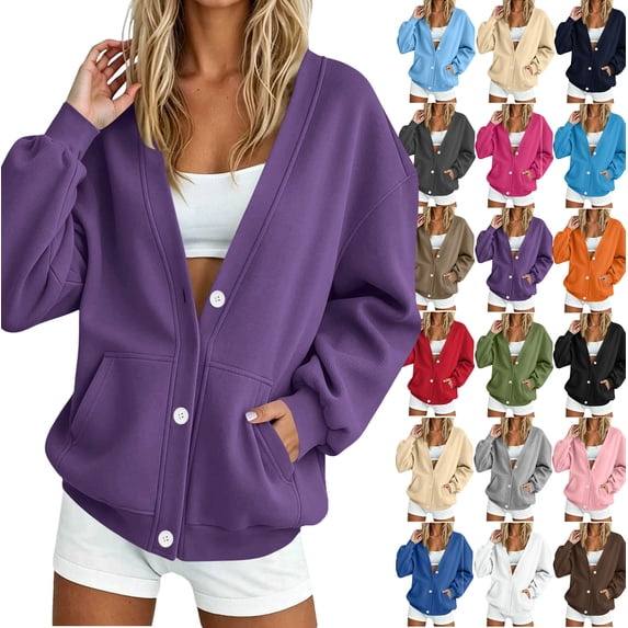 Winter Women's Fashion Sweatshirt Casual Oversized V-Neck Button Down Cardigan Long Sleeve Loose Fit Open Front Jacket with Pockets