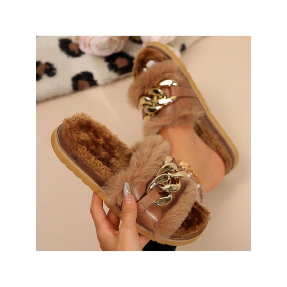 Winter Women's Fluffy Slippers - Open Toe & Solid Color Design for Bedroom Use
