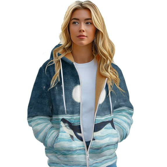 Winter Women's Hoodie Full Zip Drawstring Ocean Whale Color Print Jacket sizes XS-6XL
