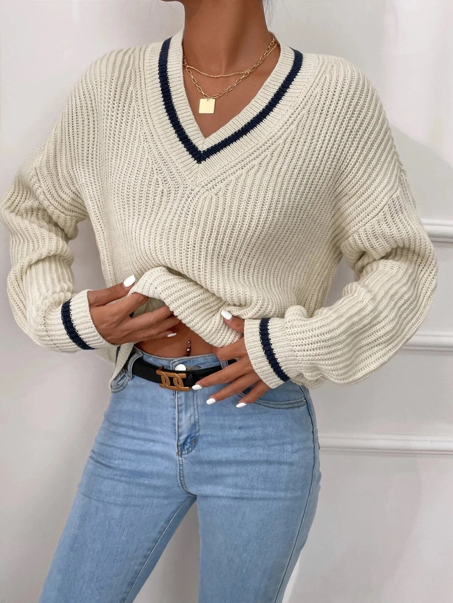 Winter Women's Knit V Neck Sweaters Casual Long Sleeve Striped Pullover