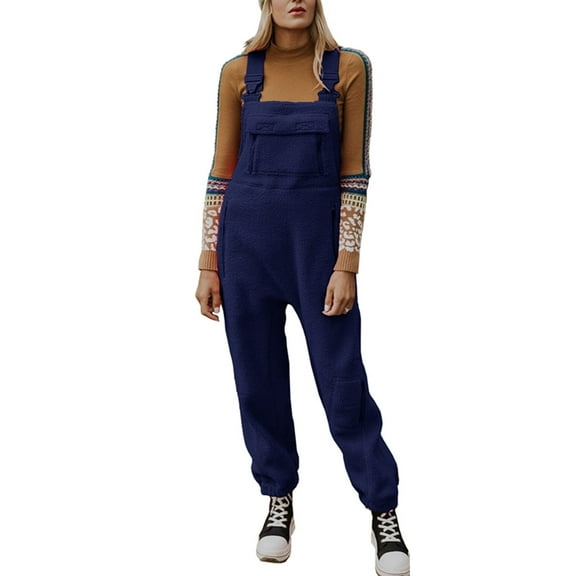 Winter Women's Loose Casual Fleece Warm Overalls Jumpsuits with Pockets