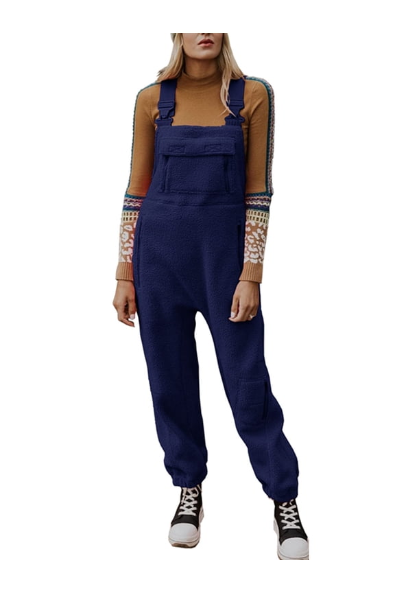 Winter Women's Loose Casual Fleece Warm Overalls Jumpsuits with Pockets