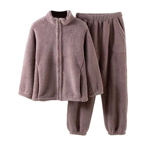 Winter Women's Plush Fleece Zip Up Pajama Set Stand Collar Lounge Wear with Pockets and Jogger Pants 2 Piece Winter Outfit Khaki XXL