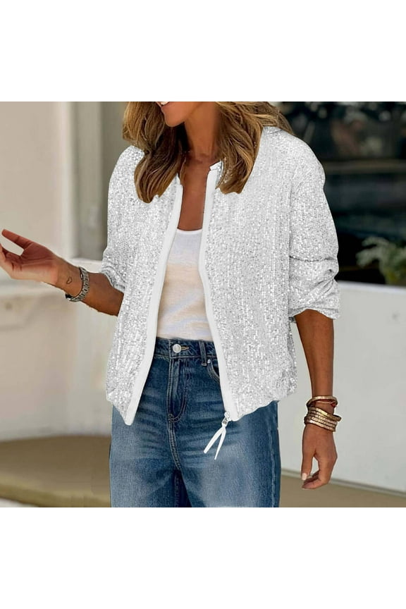 And Winter Women's Sequined Jacket Long Sleeved Front Zipper Jacket Casual Dress Jacket for Women Lightweight Quilted Jackets for Women Woman Casual Casual Pants And Jacket for Women Lightweight Vests