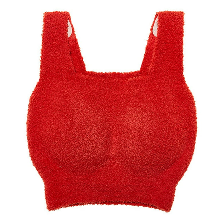 Winter Women's Short Fluffy Loungewear Crop Tank Top Plush thermal vest  with bra pad 