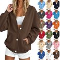 thumbnail image 1 of Winter Womens Button Up Sweatshirt V-Neck Long Sleeve Front Cardigan Fall Loose Coat with Pockets, 1 of 7