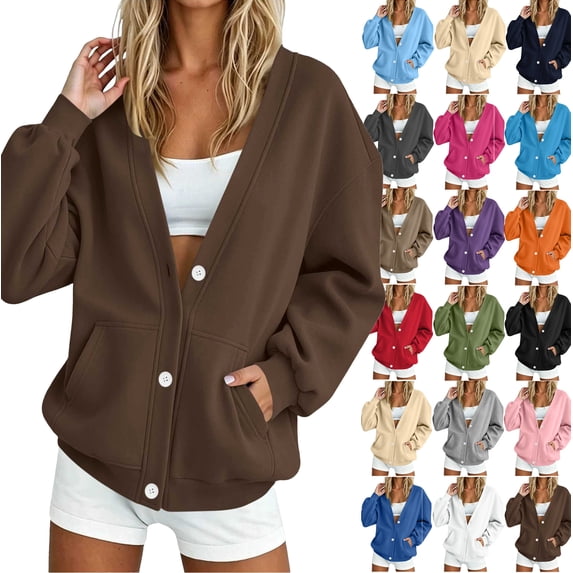 Winter Womens Button Up Sweatshirt V-Neck Long Sleeve Front Cardigan Fall Loose Coat with Pockets