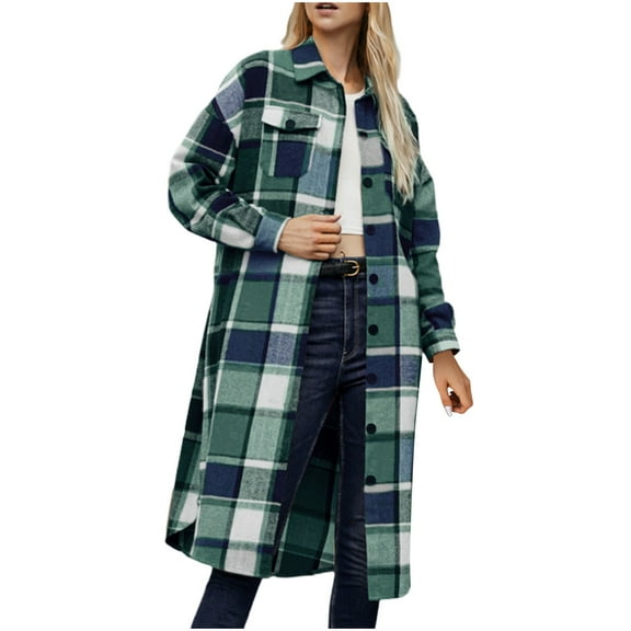 Winter Womens Comfortable Jacket Plaid Lapel Buckle Pocket Woolen Green Plaid Jackets S-3XL Up To 65% Off!