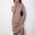 thumbnail image 1 of Winter Womens Dresses Fashionable Comfortable Casual Knitted Long Sleeved High Neck Solid Color Curvy Wrap Bump Friendly Mid Length Dress Khaki S-XL, 1 of 3