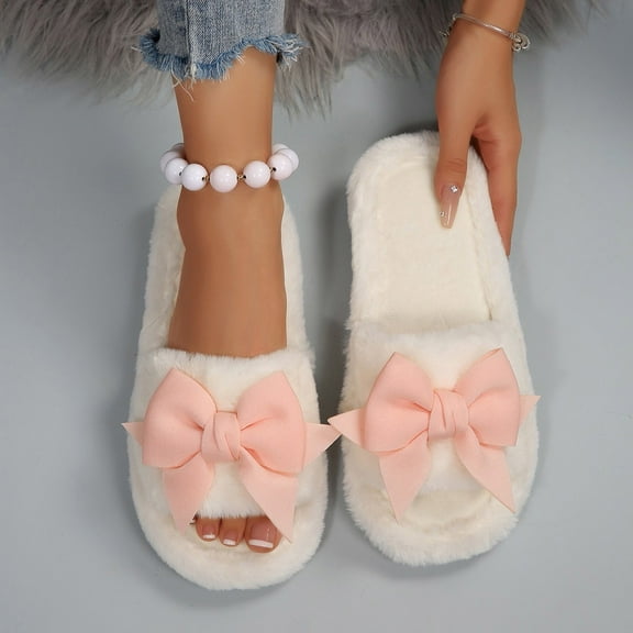 Winter Womens Slippers Flat Heel Open Toe Slip-on Slides Flats Casual Winter Indoor Outdoor Warm Solid Color Home Flat Shoes for Women White 9