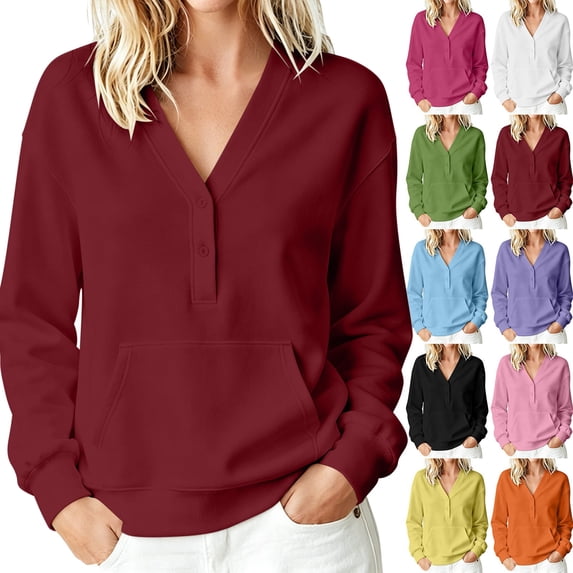 Winter Womens Sweatshirt Solid Color Button-Down Casual Long-Sleeve Hoodless Pullover With Pocket Fall Fashion Sweatshirts 2026 Outfits