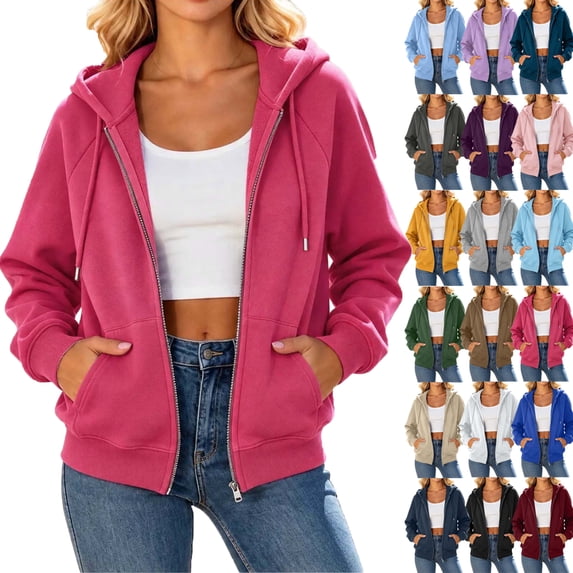 Winter Womens Sweatshirt Solid Color Casual Full-Zip Hoodie Long Sleeve Comfortable Basic Fleece Hoodie Daily Wear