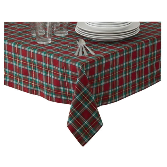 Winter Wonder Christmas Tablecloth Plaid Red Green Fabric Gold Metallic Threads (52 x 70 Rectangle)