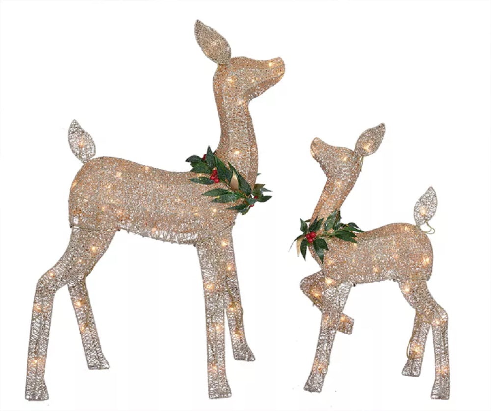 Winter Wonder Lane Glittering Brown Doe and Fawn Reindeer Set 38 Inch Tall 85 Clear Lights