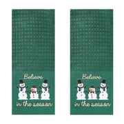 Winter Wonder Lane Kitchen Towels, 2-Pack, Green Snowman Design, Waffle Style Washable Cotton