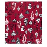 Winter Wonder Lane Vinyl Tablecloth Flannel Backed, Snowman Cabin Trees Print, Red 52 x 52