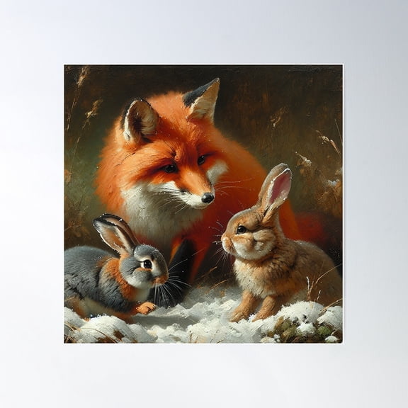 Winter Wonderland: A Red Fox And Two Rabbits' Unlikely Bond Poster Wall Art, Modern Wall Decor For Living Room Bedroom, 16X16 UNFRAMED