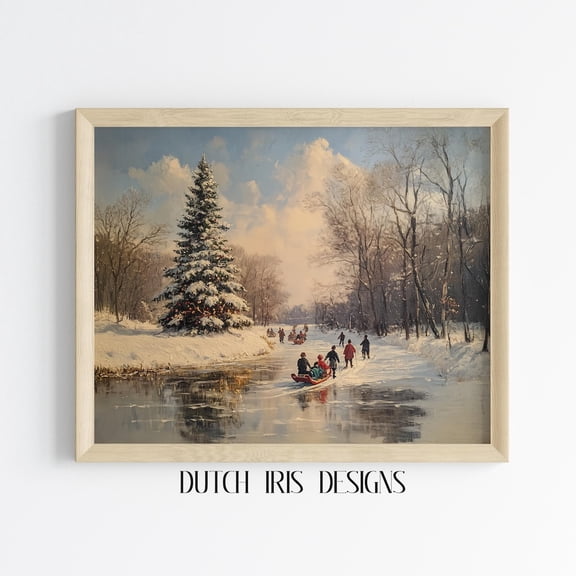 Winter Wonderland Art, Children Sledding By Frozen Pond, Scene, Vintagedecor, Festive Wall Art Print 8 Home Decor #1615, Stretched Canvas Size 16x24