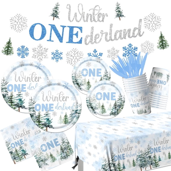 Winter Wonderland Baby Shower Tableware Set - 142 Pcs Blue Snowflake Party Supplies