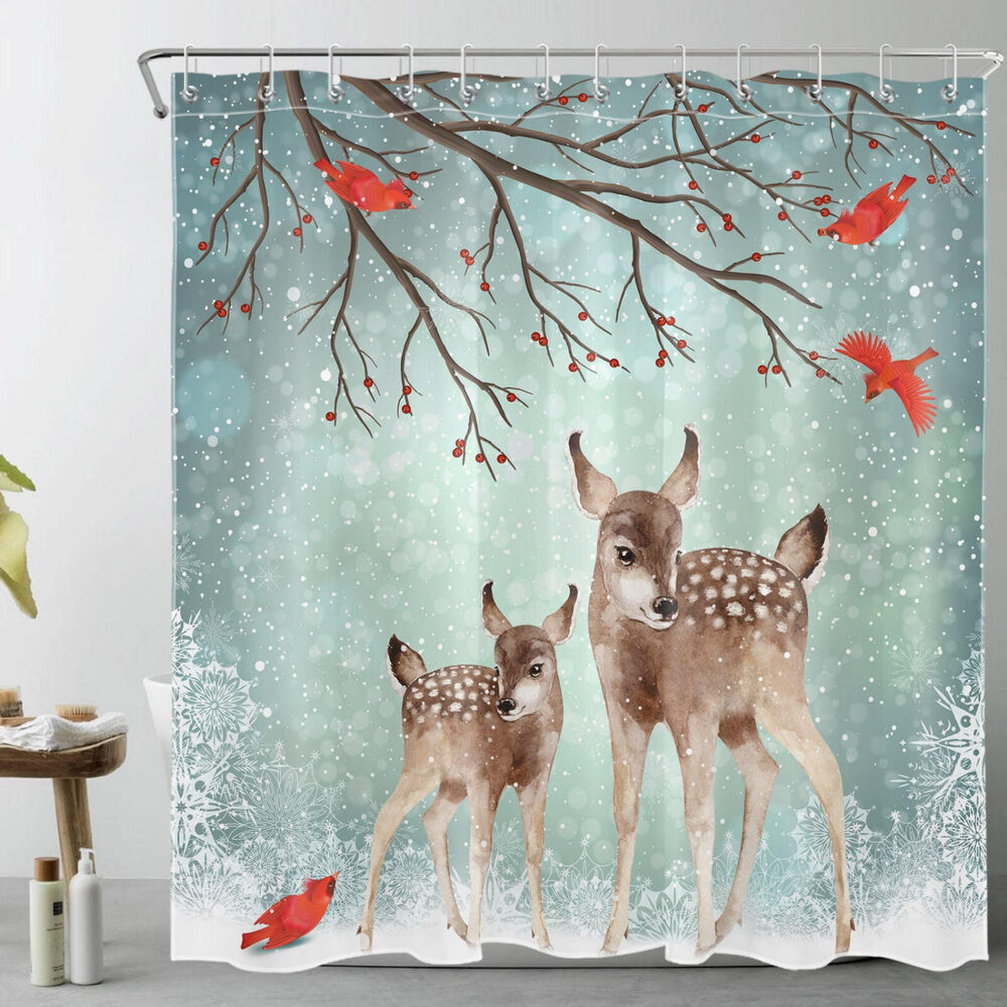 Winter Wonderland Bath Adorable Deer & Cardinals Shower Curtain