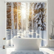 Winter Wonderland Bathroom Curtain Snowy Trees Sunlight Glow Serene Nature Scene Hasselblad X2D Style