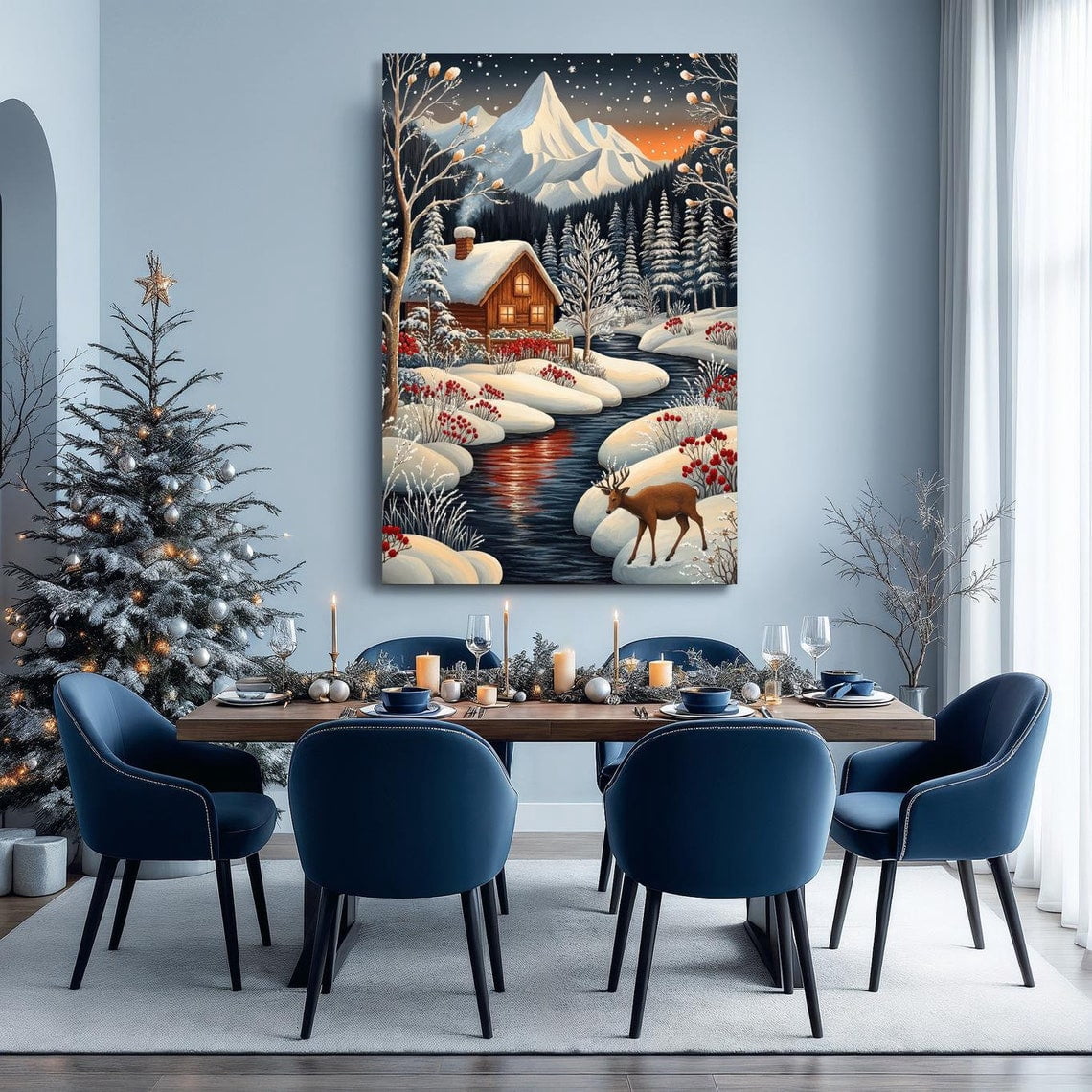 Winter Wonderland Cabin With Deer Wall Art Mountain Landscape Poster ...