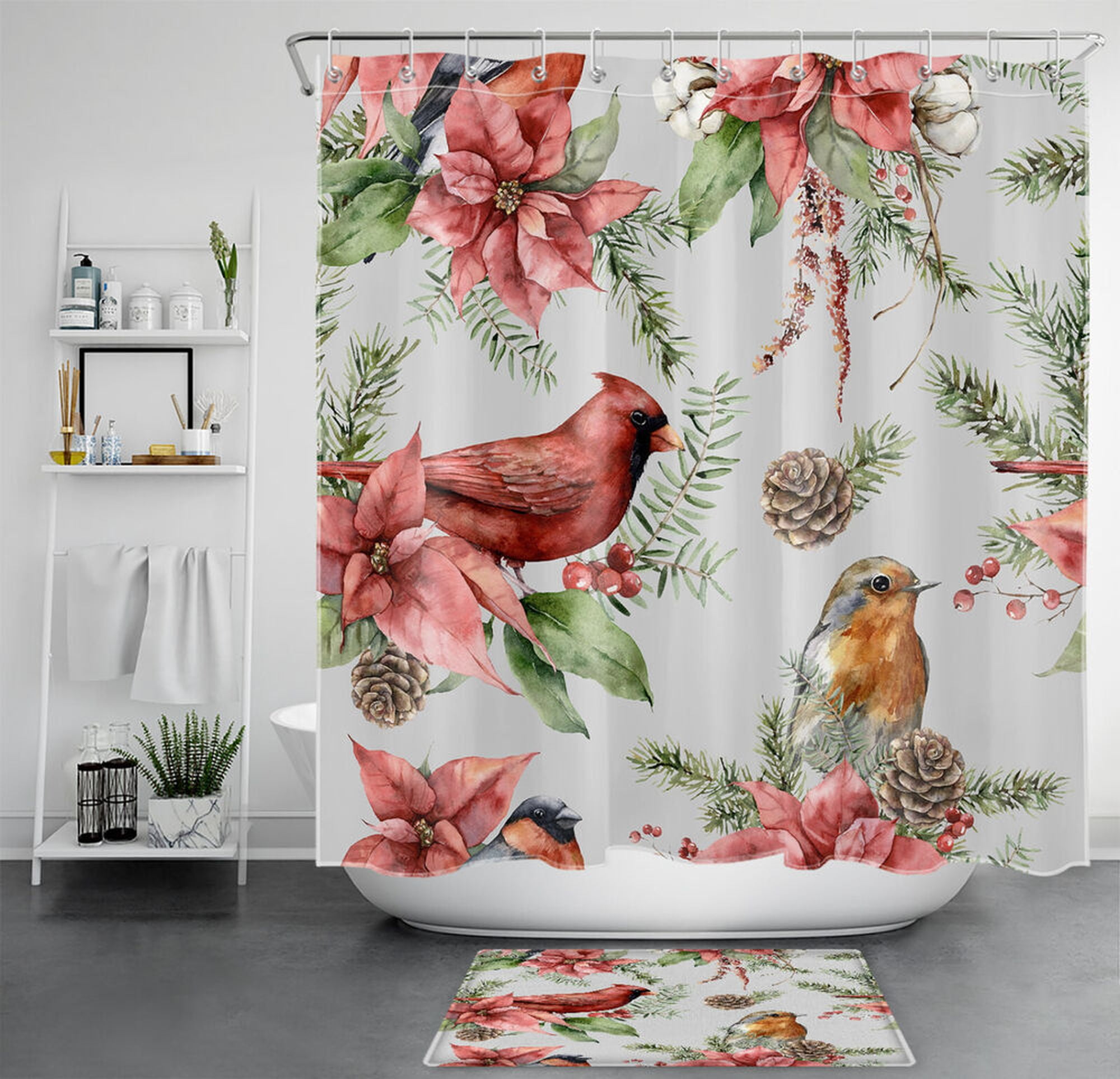 Winter Wonderland Cardinal Red Floral Shower Curtain Set with Grey