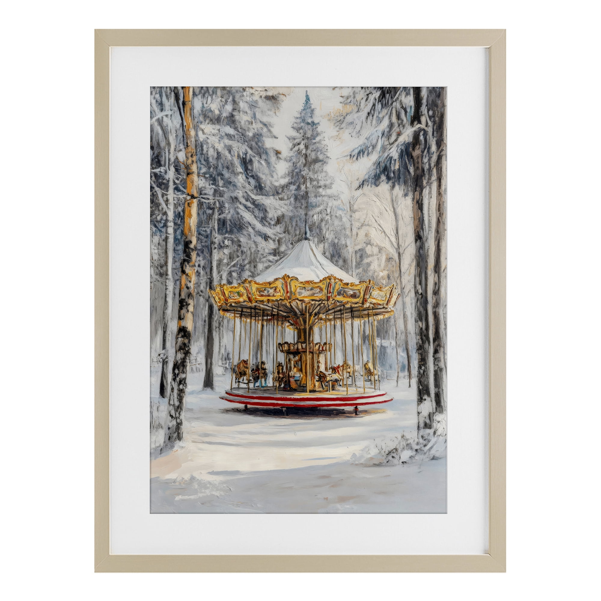 Winter Wonderland Carousel Birch Framed Print Under Glass, design by Petal Prints Design