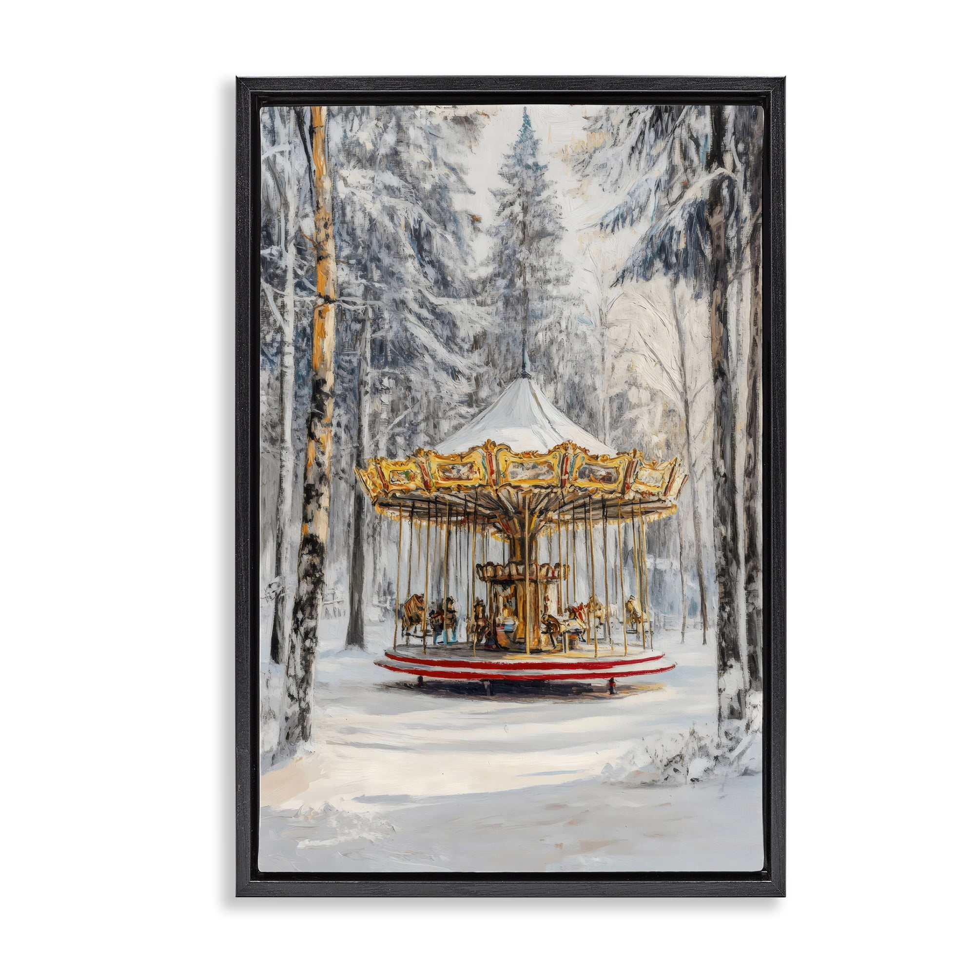 Winter Wonderland Carousel Black Framed Floater Canvas Wall Art, design by Petal Prints Design