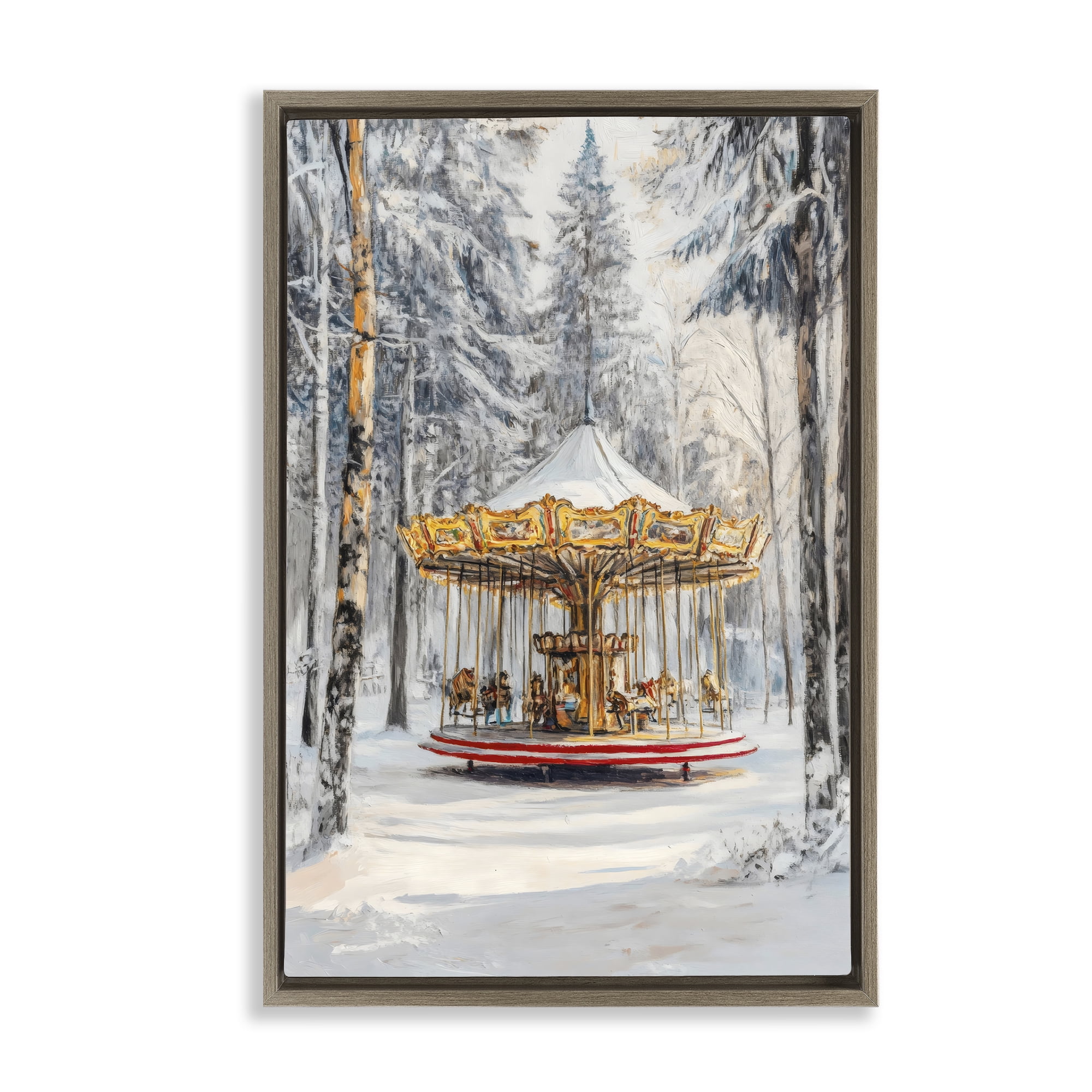 Winter Wonderland Carousel Brown Framed Floater Canvas Wall Art, design by Petal Prints Design