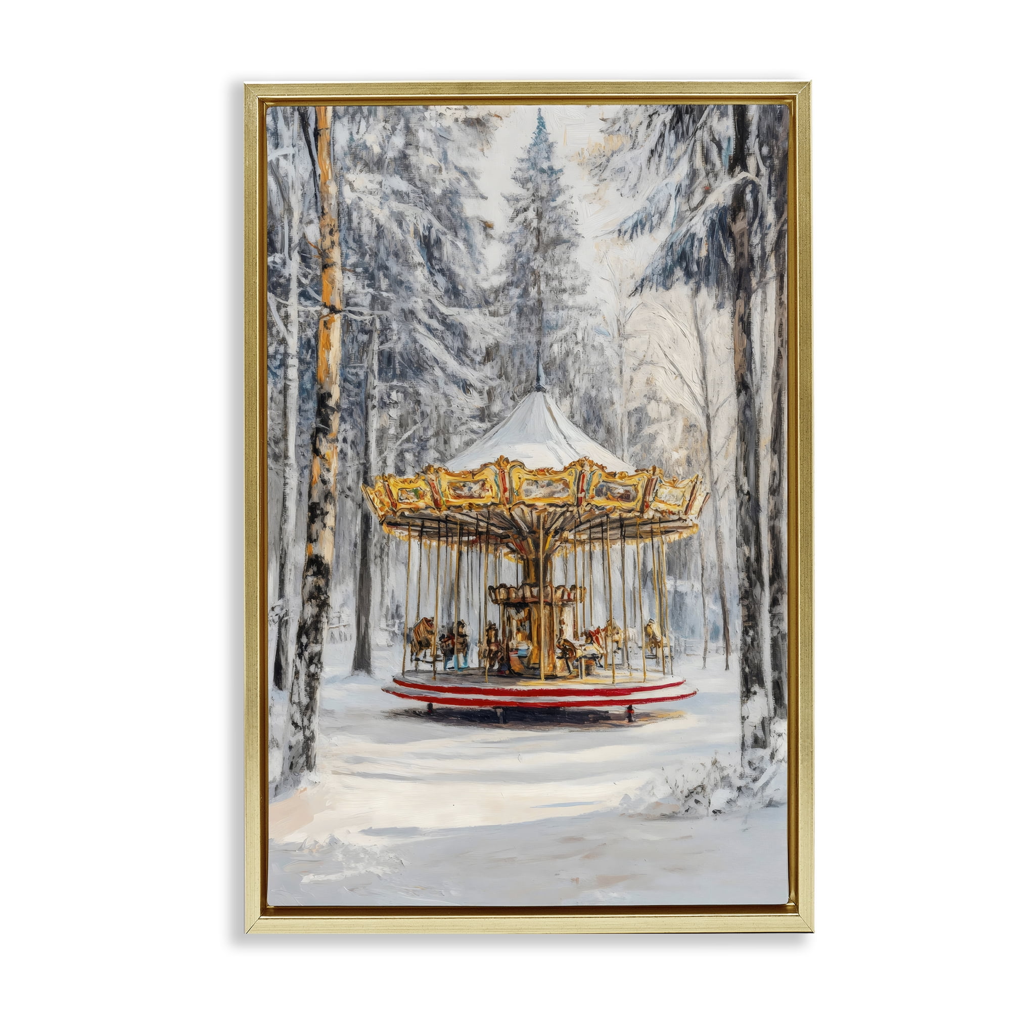 Winter Wonderland Carousel Gold Framed Floater Canvas Wall Art, design by Petal Prints Design