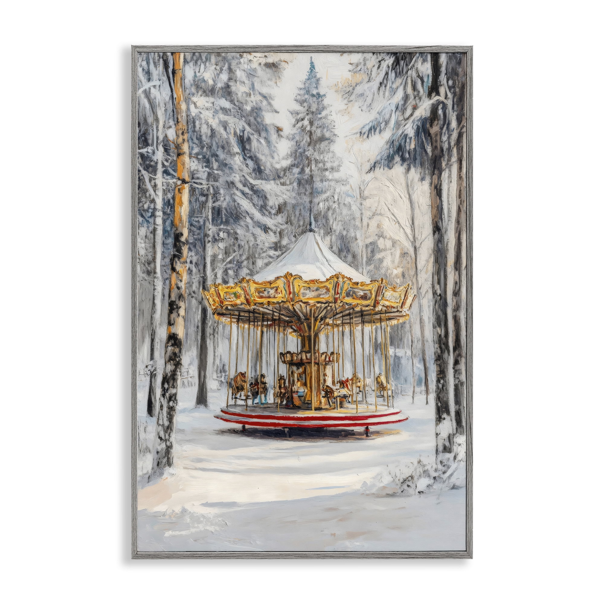 Winter Wonderland Carousel Gray Framed Giclee Art, design by Petal Prints Design