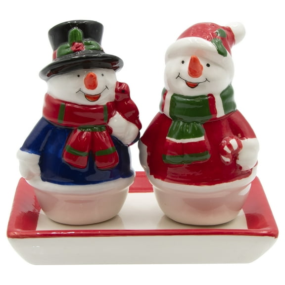 Winter Wonderland Ceramic Snow Couple Table Top Shaker Set with Tray