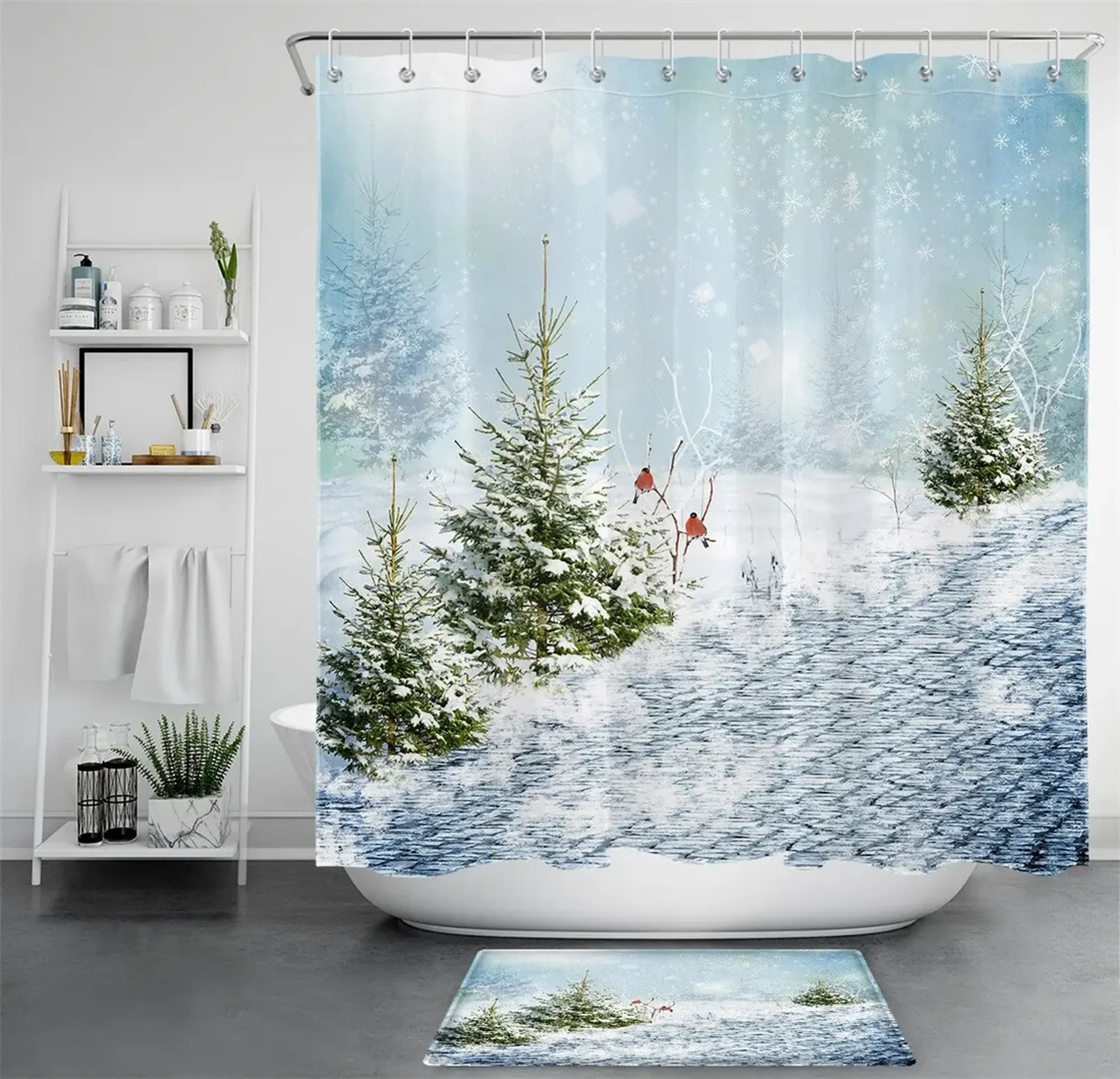 Winter Wonderland: Christmas Cedar Woods Shower Curtain Set with Snowy ...