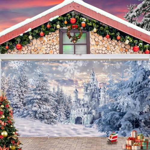 Winter Wonderland Decorations Banner, Holiday Christmas Banner, Winter Forest Castle Snowflake 2 Car Garage Door Cover for Outdoor Holiday Decorations 7x16ft$$Garden & Patio