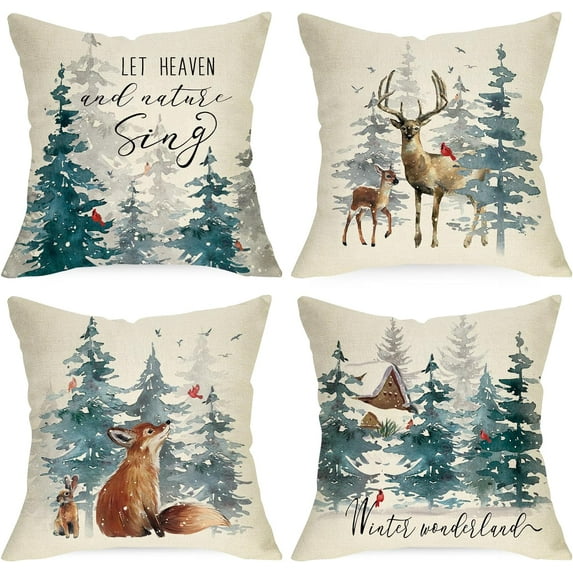 Winter Wonderland Decorative Throw Pillow Covers 18x18 Set of 4, Snowy Forest Cardinal Red Bird Deer Fox Rabbit Cushion Case Decor, Farmhouse Christmas Holiday Seasonal Home Decor for Couch PC