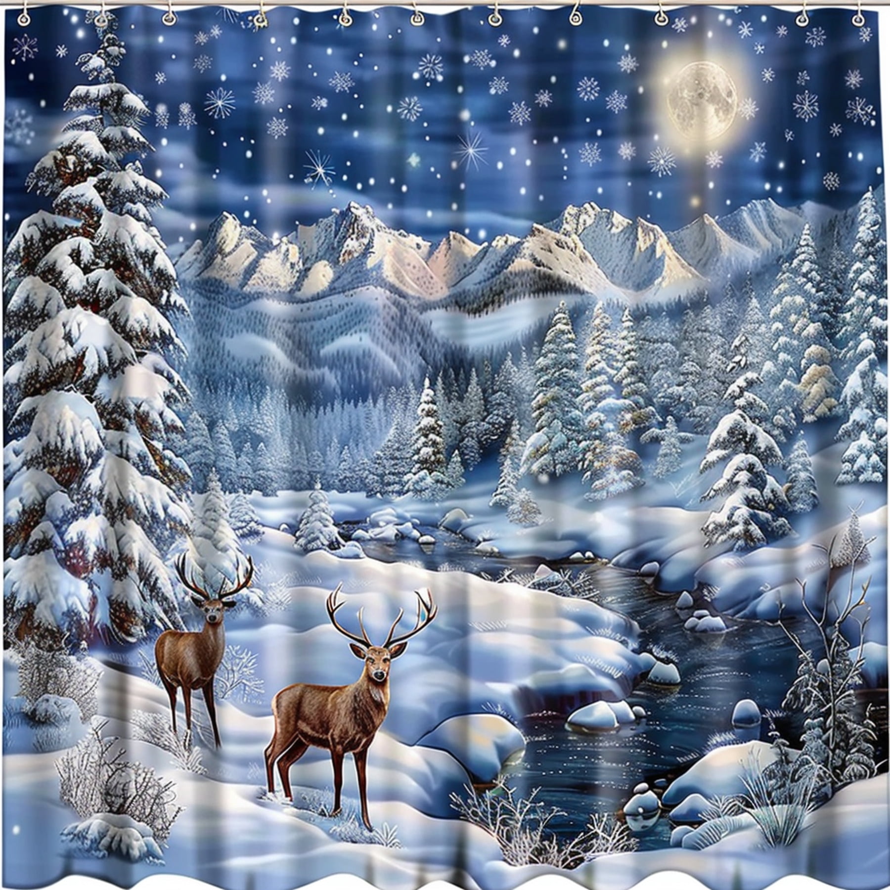 Winter Wonderland Deer Shower Curtain Snowy Trees Mountains Stream