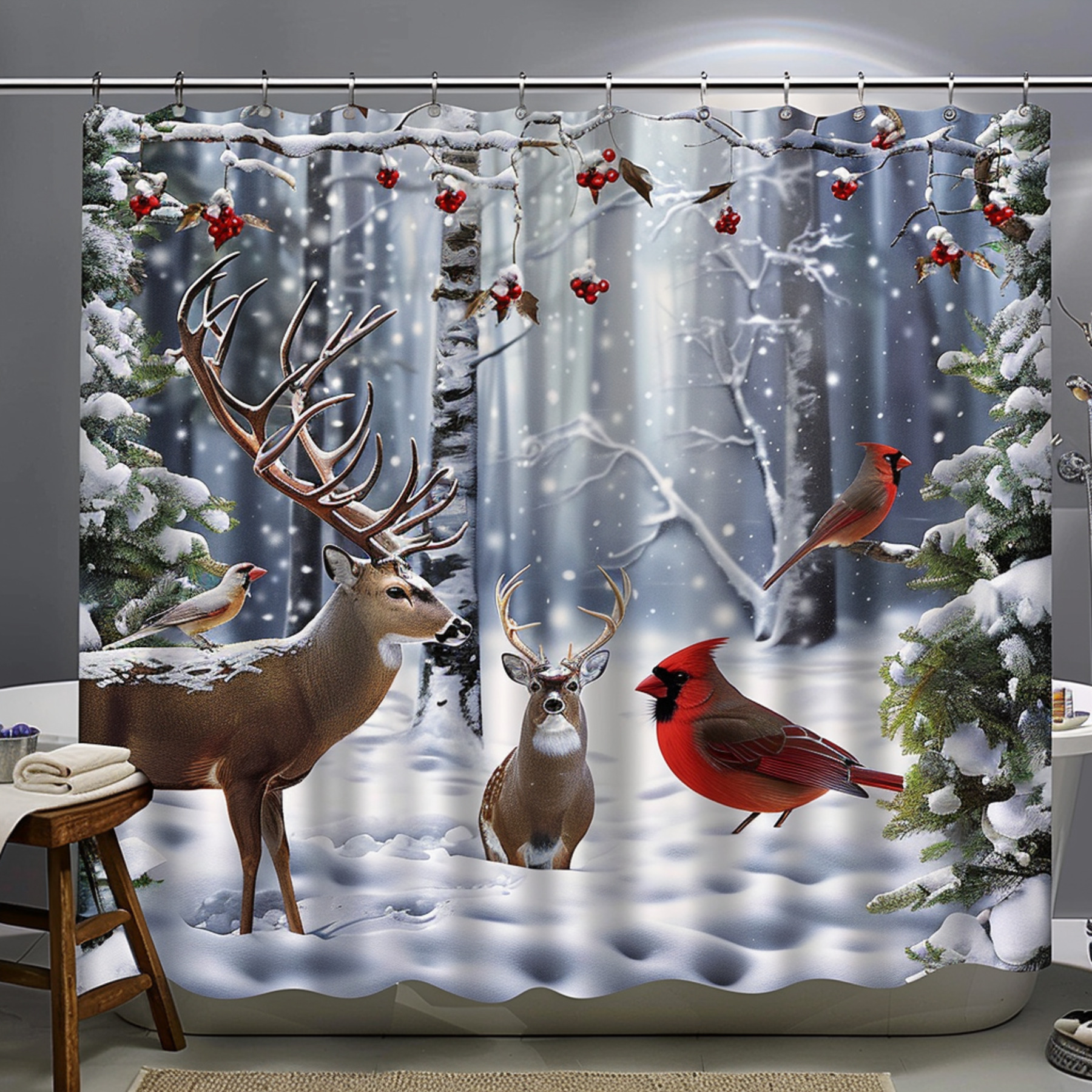 Winter Wonderland Deer and Cardinals Shower Curtain Sy Forest Bathroom