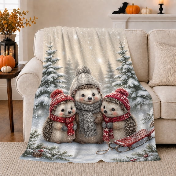 Winter Wonderland Hedgehog Family Snow Scene Wildlife Nature, Festive Woodland Scene, Warm Flannel Blanket for Cabin and Lodge, Wildlife Lovers Housewarming Gift, Artistic Home Decor