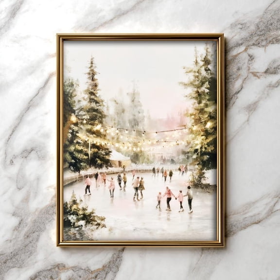 Winter Wonderland Ice Skating Scene Wall Art - Cozy Vintage Decor, Festiveatmosphere, Rink Art 79, Unframed Poster Size 8x12