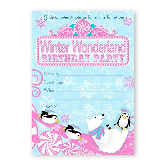 Winter Wonderland LARGE Invitations - Pink - 10 Invitations 10 Envelopes - Winter Onederland Invitations