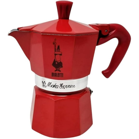 Winter Wonderland Moka Express Red Coffee Maker Set with 3 Cups and Saucers