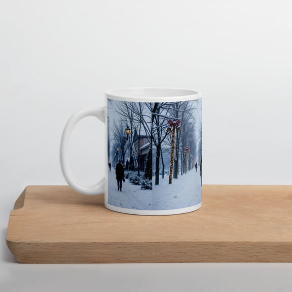 Winter Wonderland Pathway, White, Ceramic, glossy mug, Dishwasher and microwave safe,Peaceful winter scene, Festive outdoor walk, Cozy holiday vibes