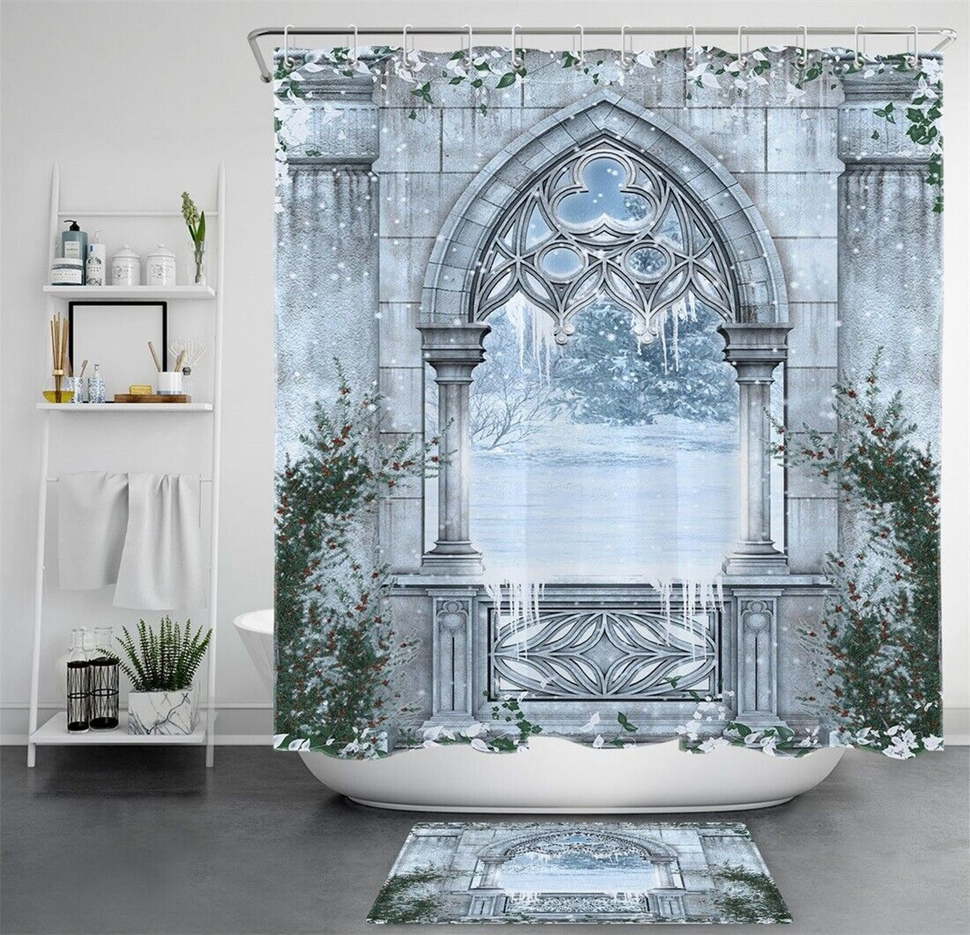 Winter Wonderland Shower Curtain Set Enchanting Fairytale Garden and