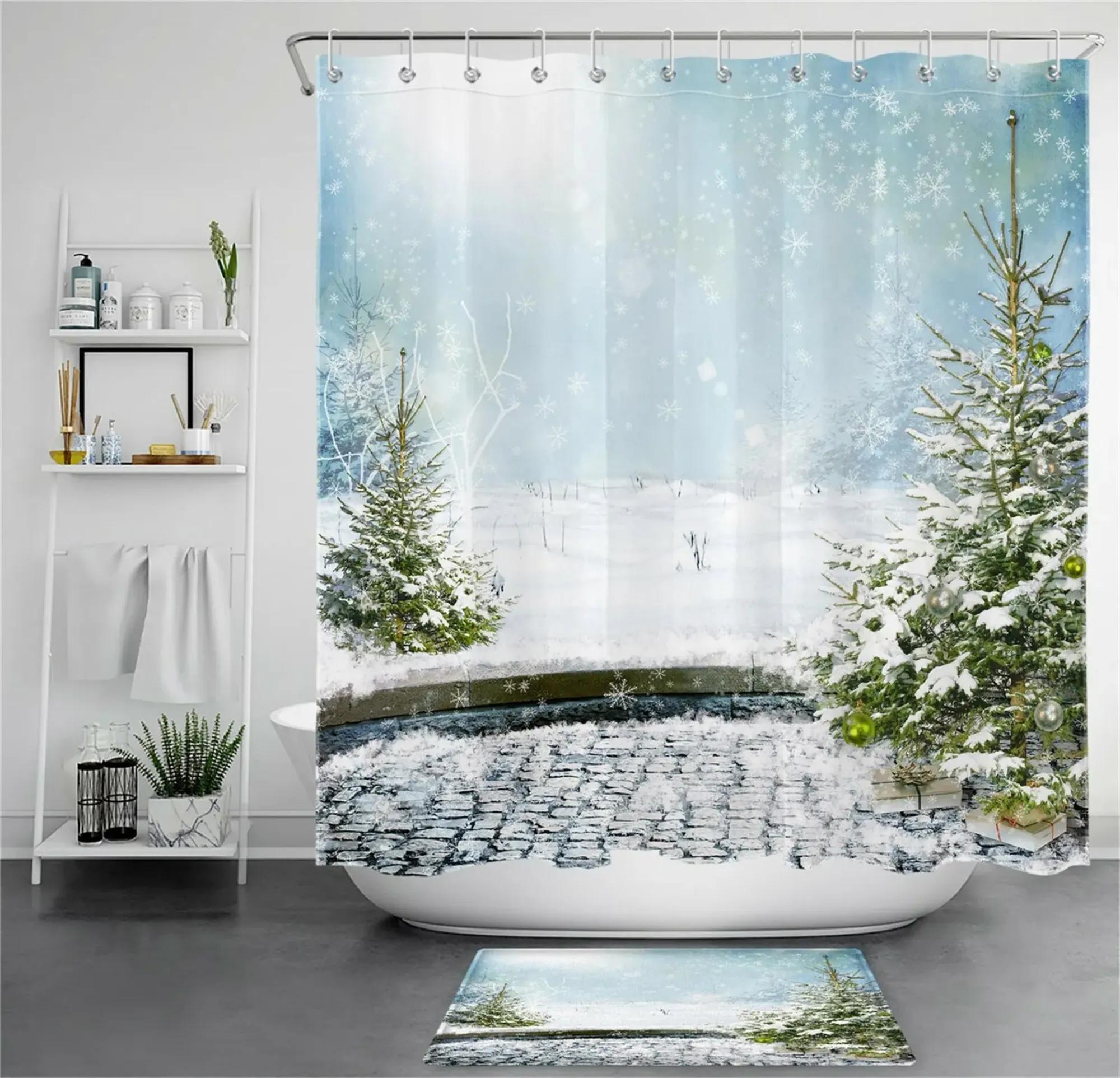 Winter Wonderland Shower Curtain Set Festive Tree and Presents in WaterResistant Fabric for a