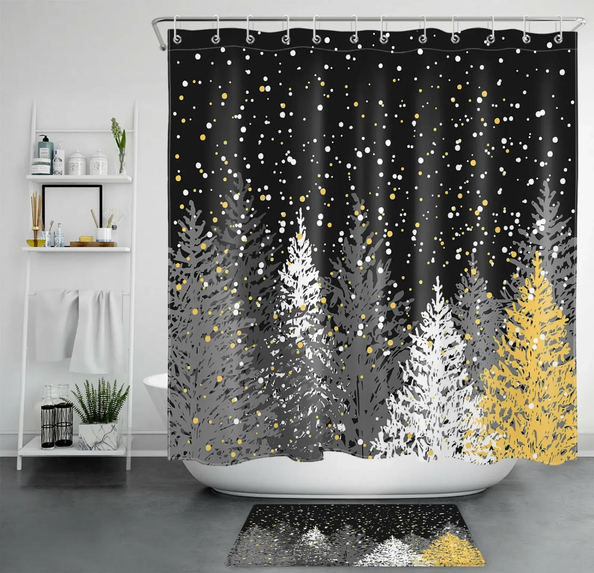 Winter Wonderland Shower Curtain Set Pine Forest & Snow Abstract Design Waterproof Fabric