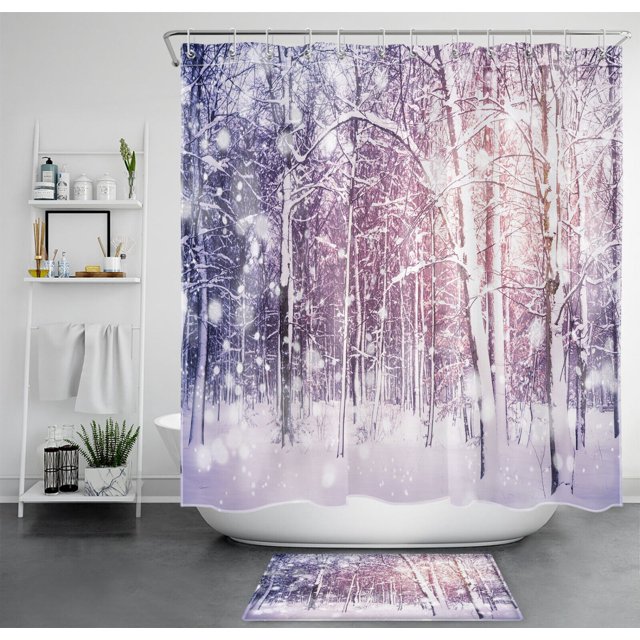 Winter Wonderland Shower Curtain Set Sunlit Forest Scenery for Your