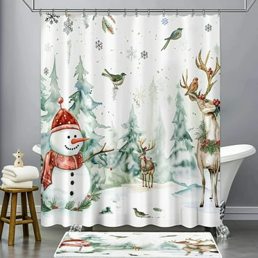 Winter Wonderland Shower Curtain Set with Forest Animals and Sman Watercolor Style