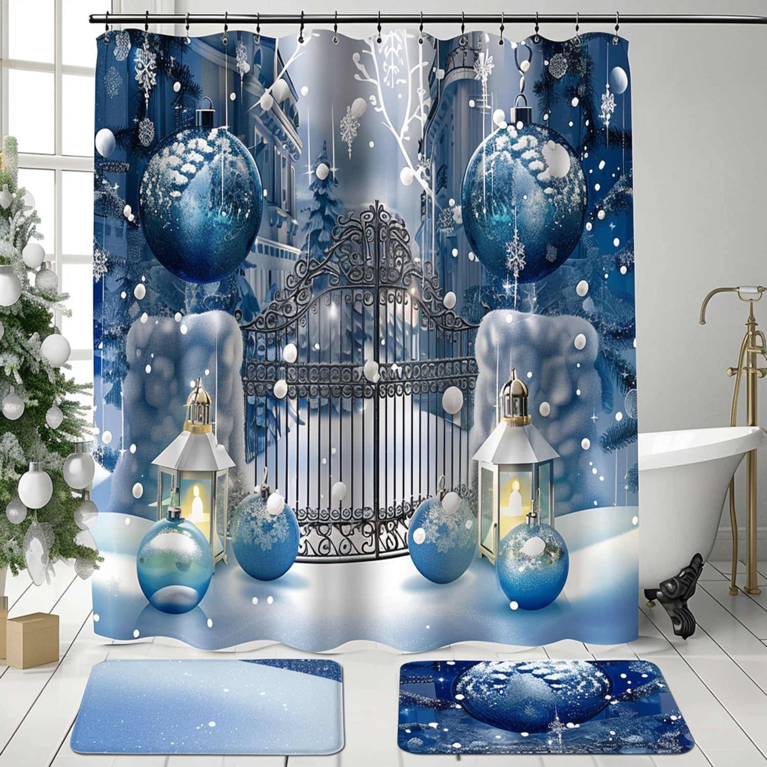 Winter Wonderland Shower Curtain Set with Glass Ornaments and Festive Tree Create a Cozy